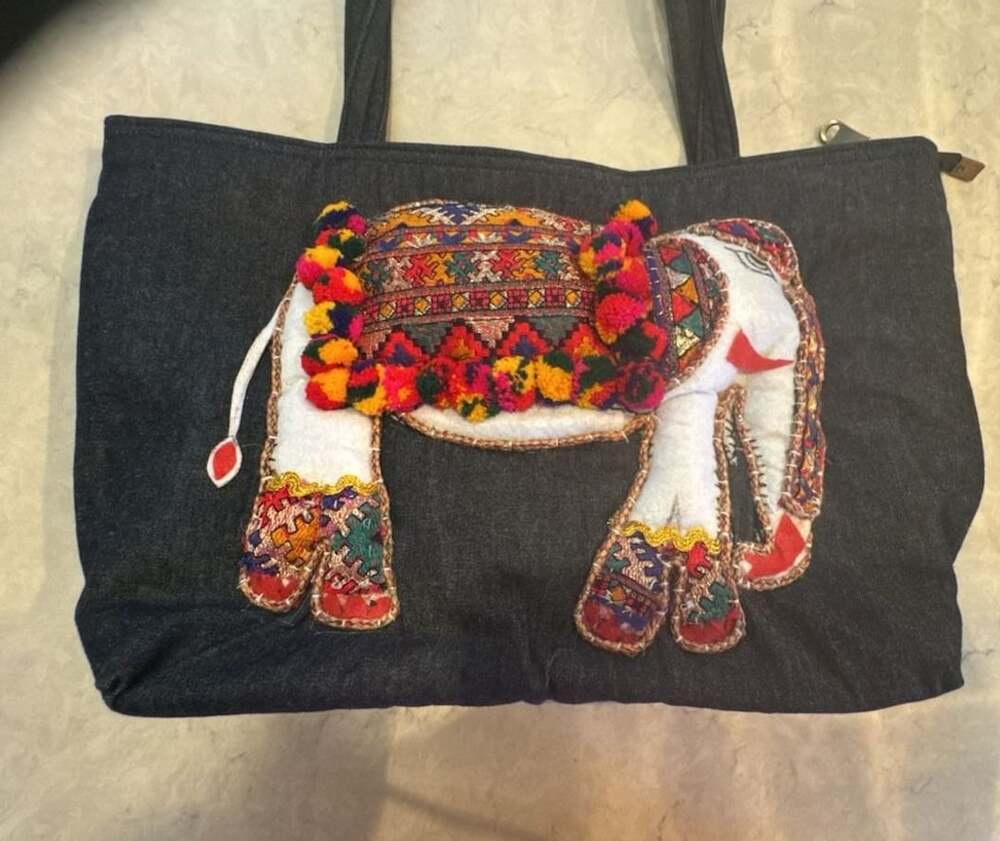 Stylocus Dark Denim Elephant Embroidered Boho Tote Bag